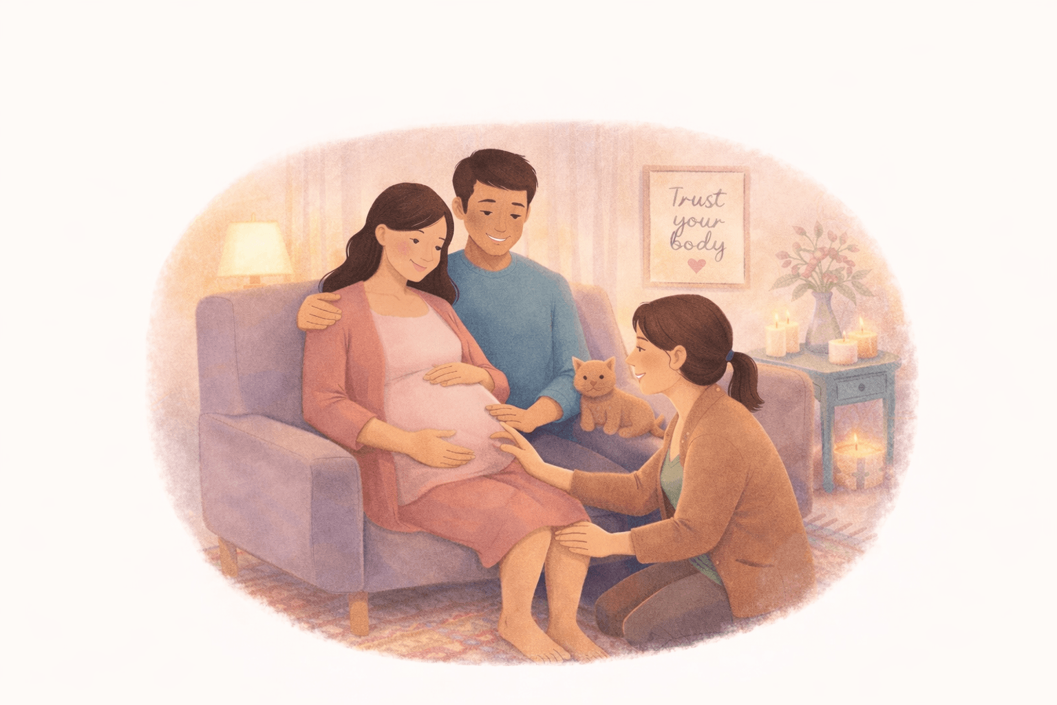 Illustration of a family receiving care from a midwife at home